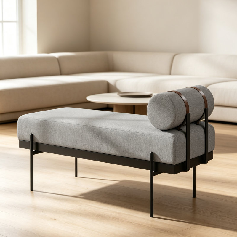 Chenille Upholstered Bench, Light Grey