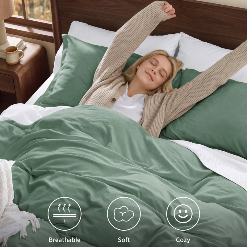 Bedsure Microfiber Duvet Cover Queen Size - Prewashed Cotton-Like Extra Soft Bedding Set (Set of 3), Iceberg Green