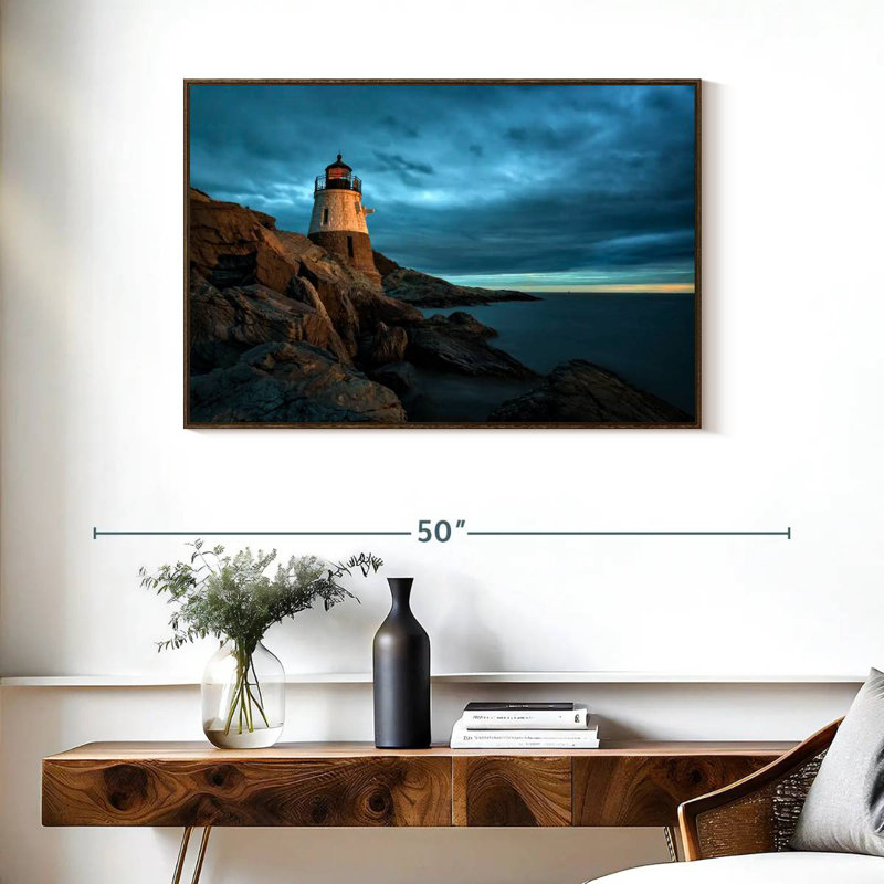 Phare de Stormy Castle Hill, 37 po x 25 po, Cadre flottant noyer