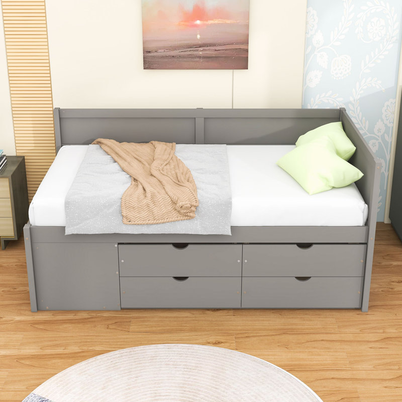 Wood Daybed with Pull-Out Drawers and Shelves, Gray, Twin