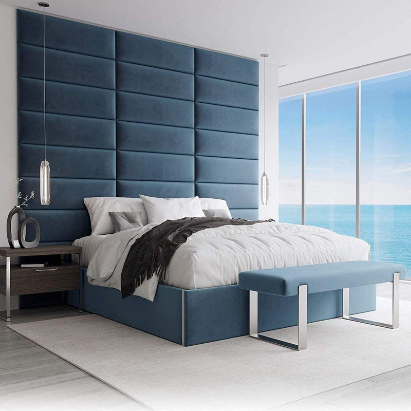 Garen Upholstered Headboard, Velvet Peacock Blue, European Single (90 x 200 cm)