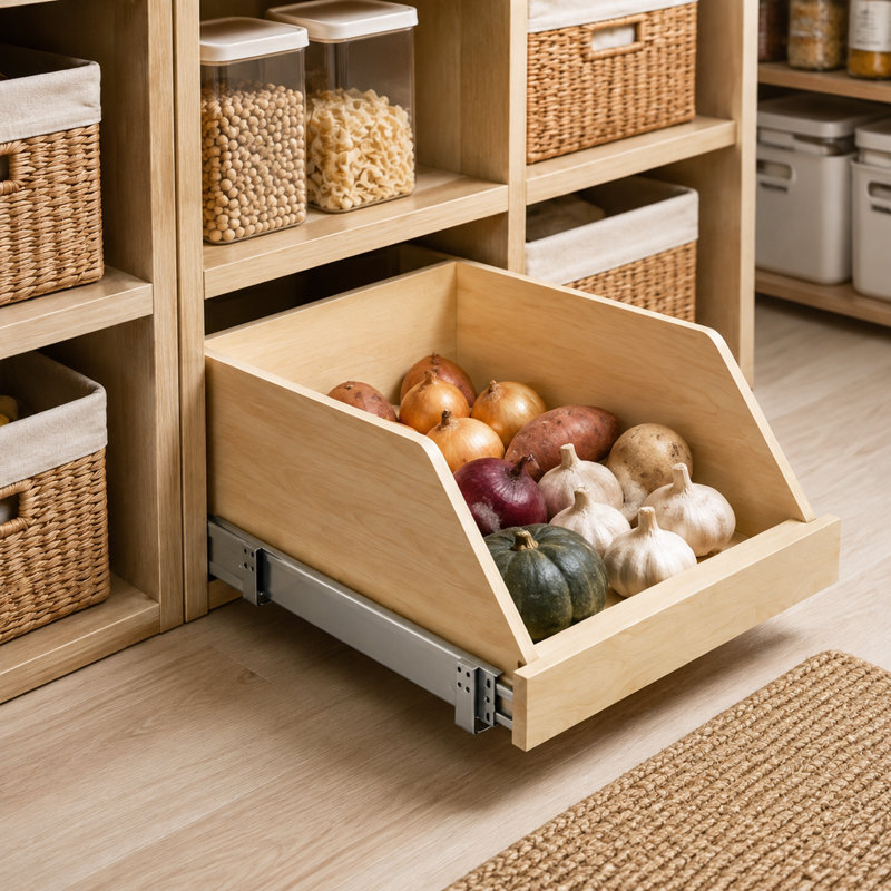 Étagère de rangement coulissante en bois avec rails à pleine extension et fermeture rigide, conception à grands tiroirs, convenant aux armoires de cuisine et au garde-manger.