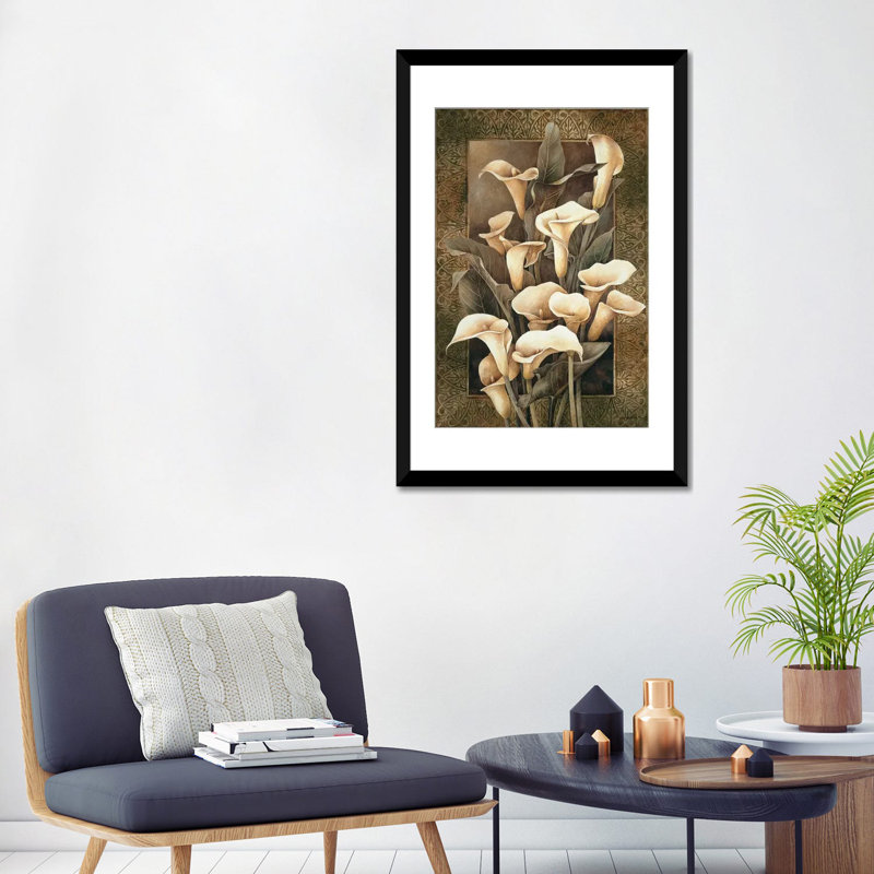 « golden calla lilies », impression sur toile, H 32 po x l 24 po x P 1 po, Papier d'art encadré noir, Blanc