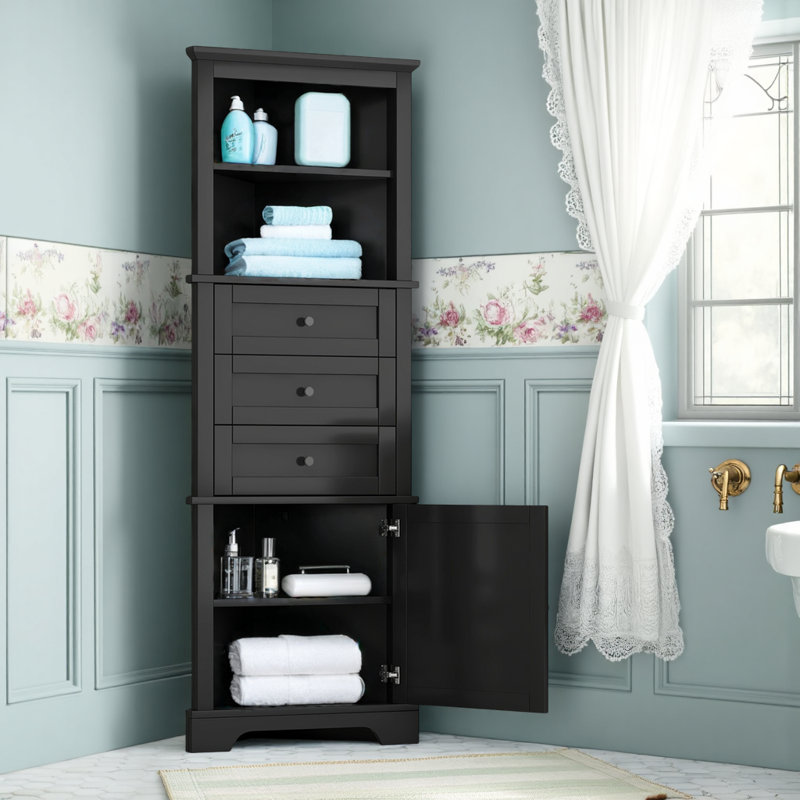Lustra 68.9''H Tall Corner Bathroom Storage Cabinet with Drawers and Adjustable Shelves for Small Spaces, Matte Black