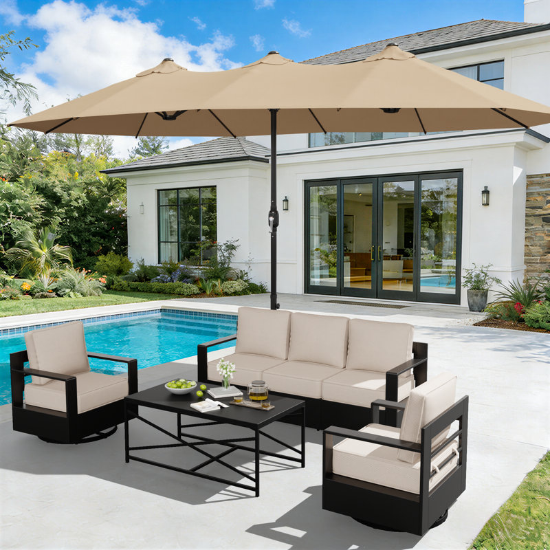Ensemble de canapé d'extérieur pour 5 personnes, chaises pivotantes et table basse avec parasol et coussins beiges en aluminium 5 personnes