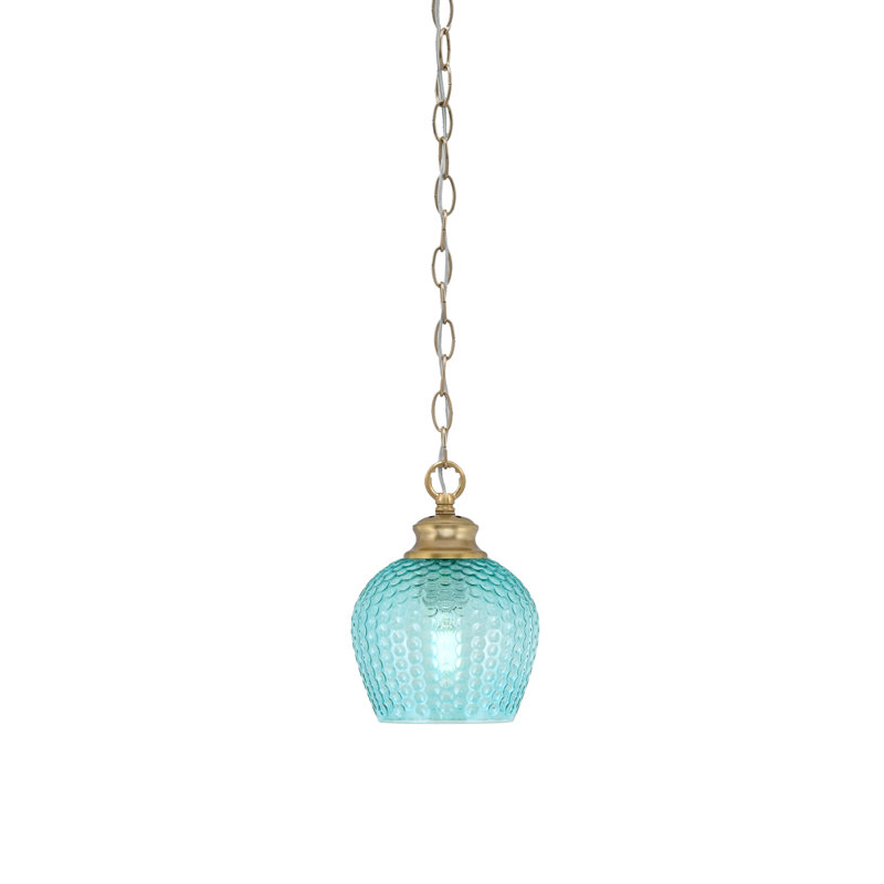 Luminaire suspendu à chaîne Quapaw avec verre texturé de 6 po, Cyan, Laiton New Age