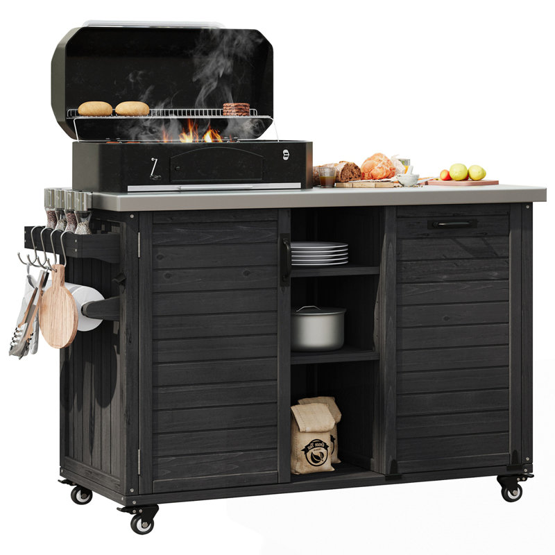 Îlot de cuisine 78,3 "avec table de barbecue pliable, Noir
