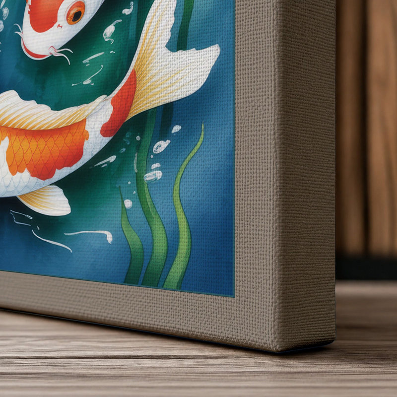 Koi Among Waterplants Japandi 1 Piece Wrapped Canvas Wall Art, 18x12 - 45.7 x 30.5 cm, Taupe Border