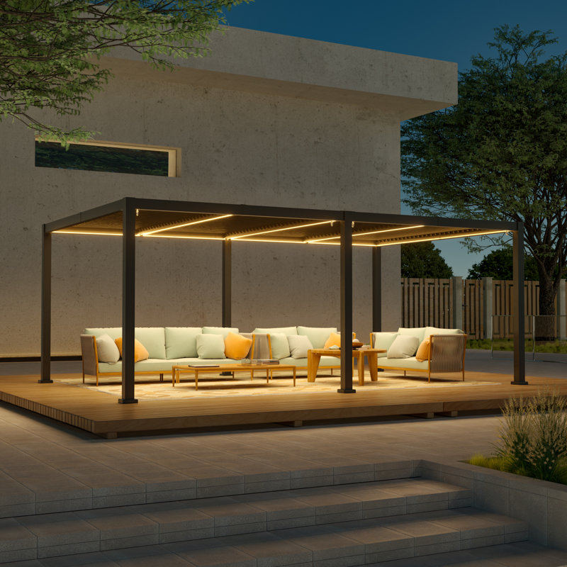 Pergola en aluminium 20 po x 12 pi avec bandes DEL et système de drainage manuel, Gris anthracite