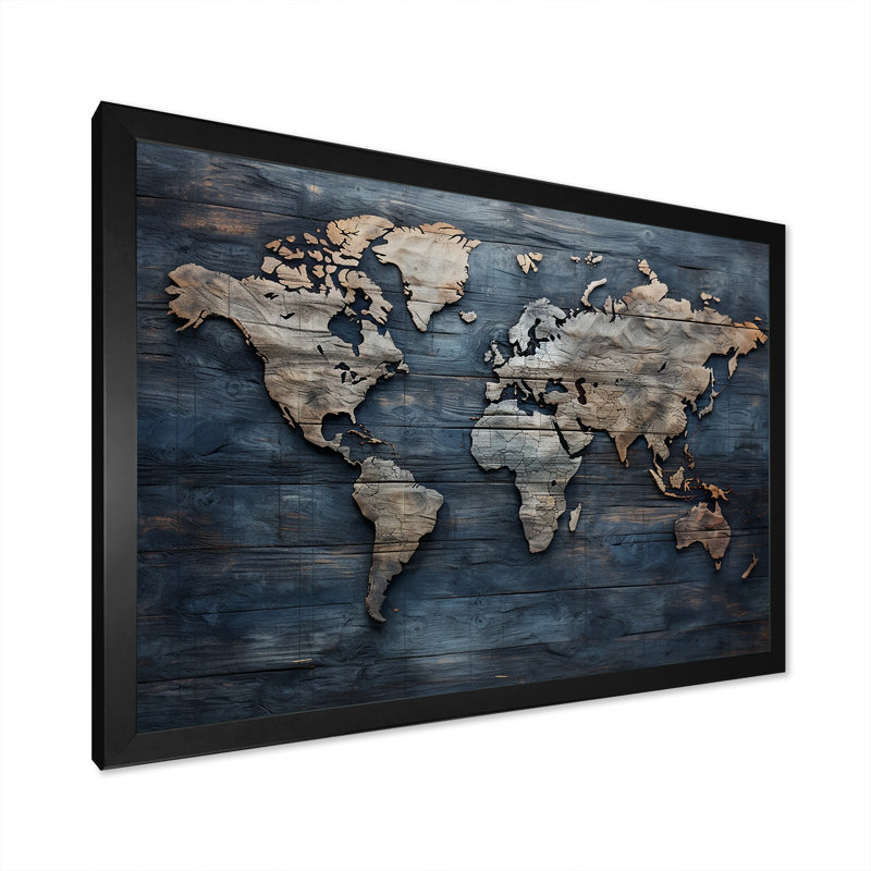 Carte du monde rustique, H 16 po x l 32 po x P 1 po, Cadre simple noir