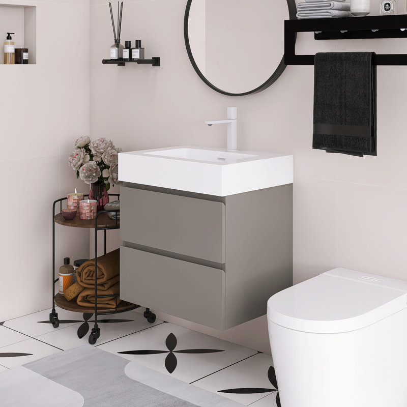 Meuble-lavabo mural 24 po avec lavabo, Gris, Blanc