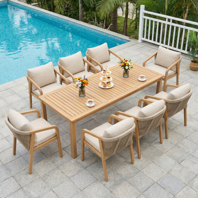 Ensemble repas 8 personnes en bois d'acacia avec trou pour parasol