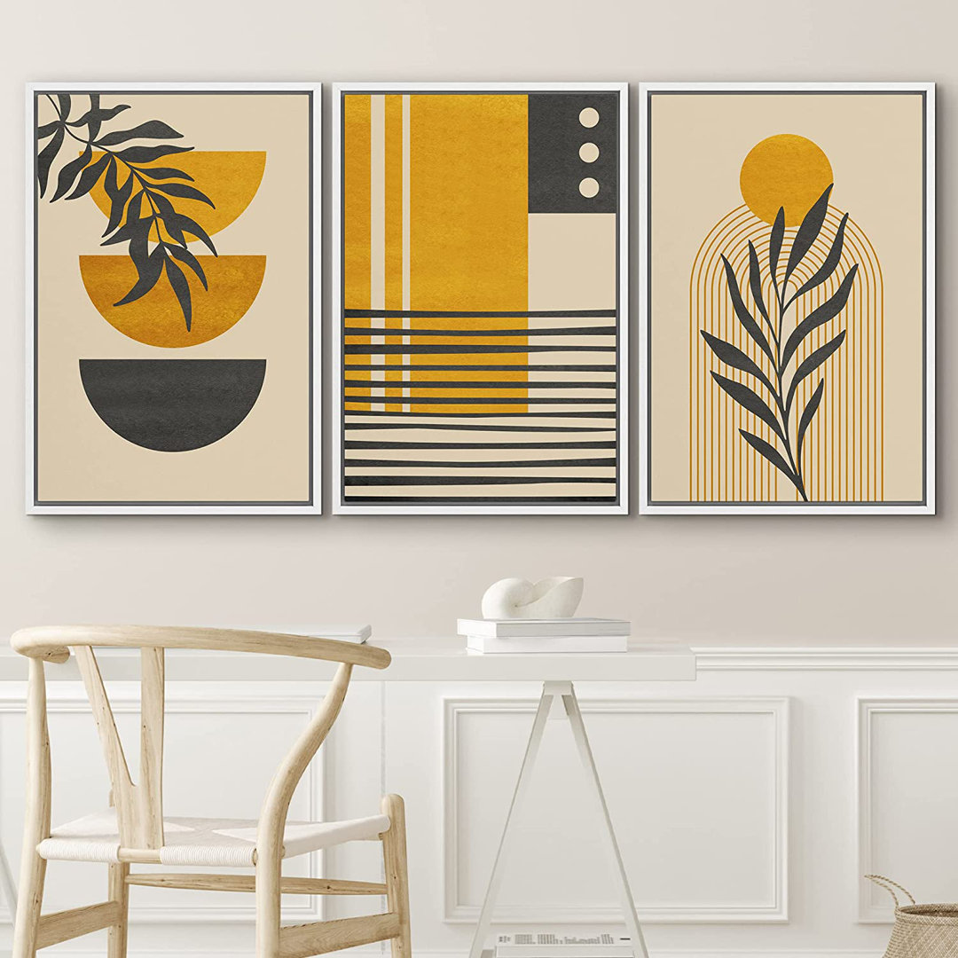 Mid Century Modern Boho " IDEA4WALL Framed Canvas Print Wall Art Set Geometric Mid-Century Jungle Safari Leaf Polygons Abstract Shapes Illustrations Modern Art Nordic For Living Room, Bedroom, Office " 3 - Pieces IDEA4WALL Frame 