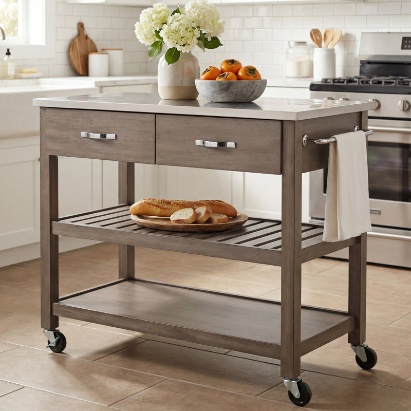 Delicia Kitchen Cart with Gray Base, Stainless Steel