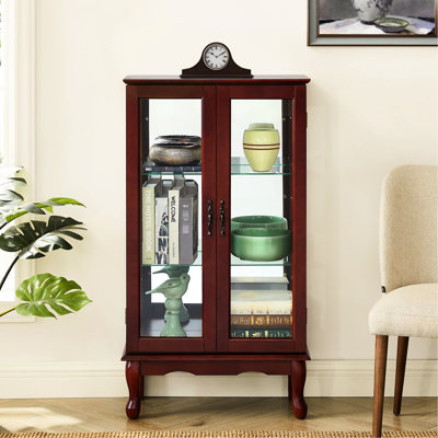 Vitrine 3 tablettes en cerisier avec dossier en miroir et fermeture éclairée avec capacité de charge