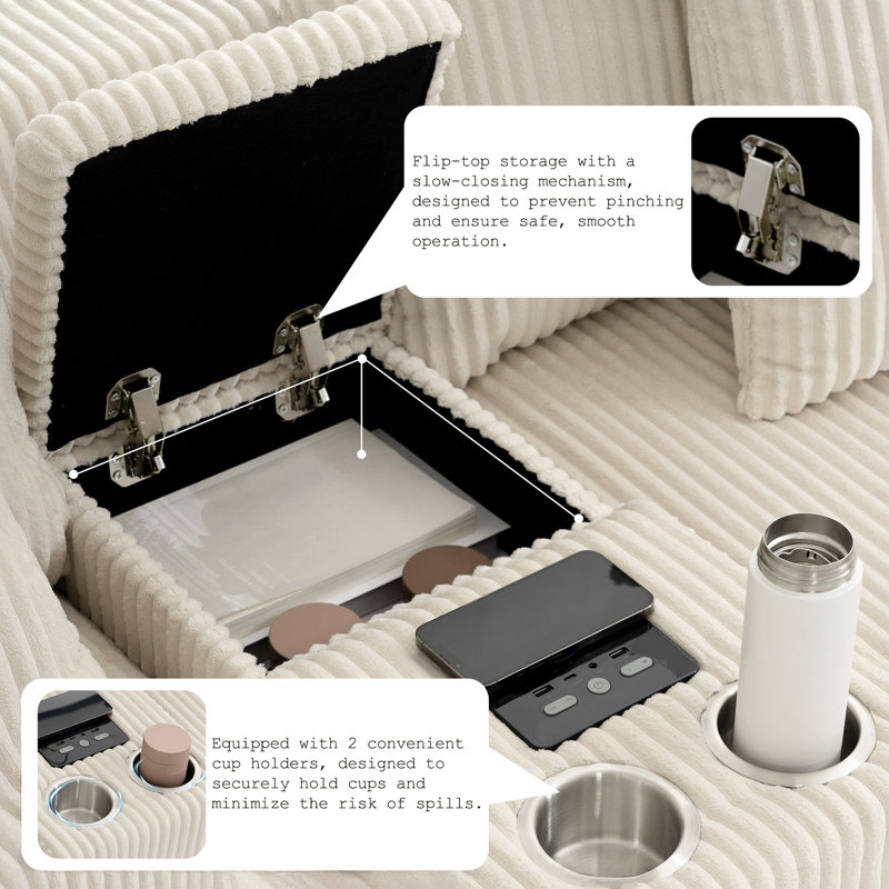 Canapé modulaire en L 114 po en velours côtelé avec haut-parleurs Bluetooth, repose-pieds de rangement et fonctions multifonctionnelles