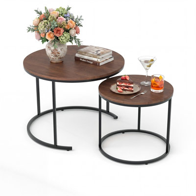 Round Nesting Coffee Table Set of 2, Round Coffee Table for Living Room, Space Saving Nesting Tables with Faux Marble Top, Metal Frame, Adjustable Fee