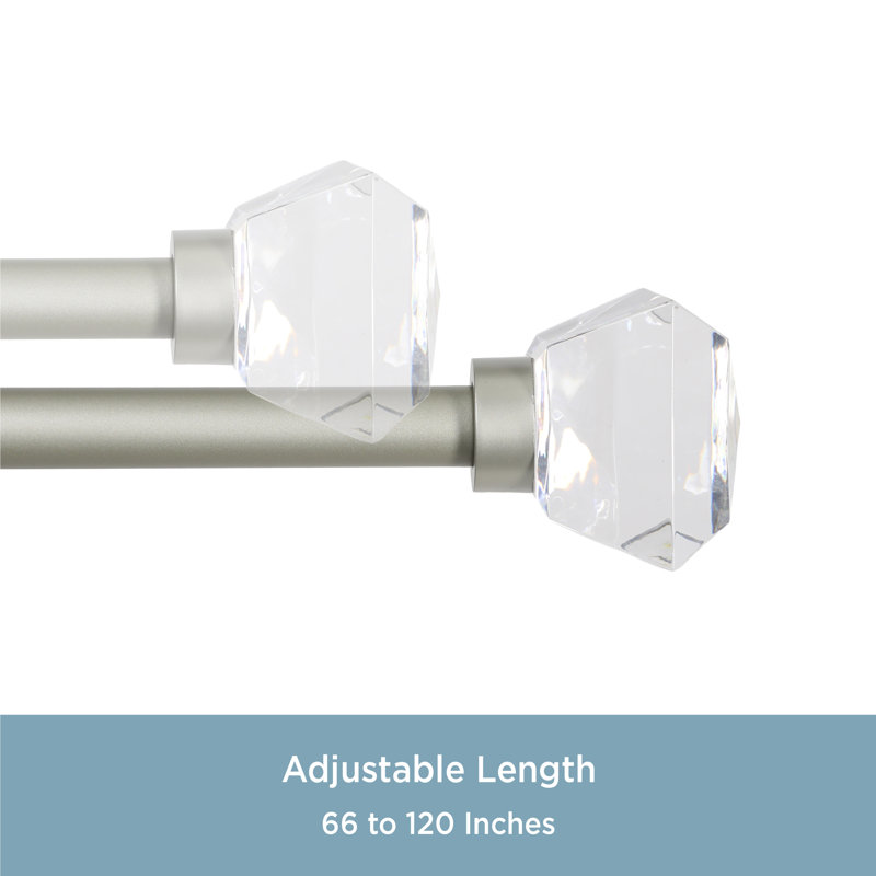 Brushed Nickel Curtain Rod with Acrylic Diamond Finials, 66"-120"