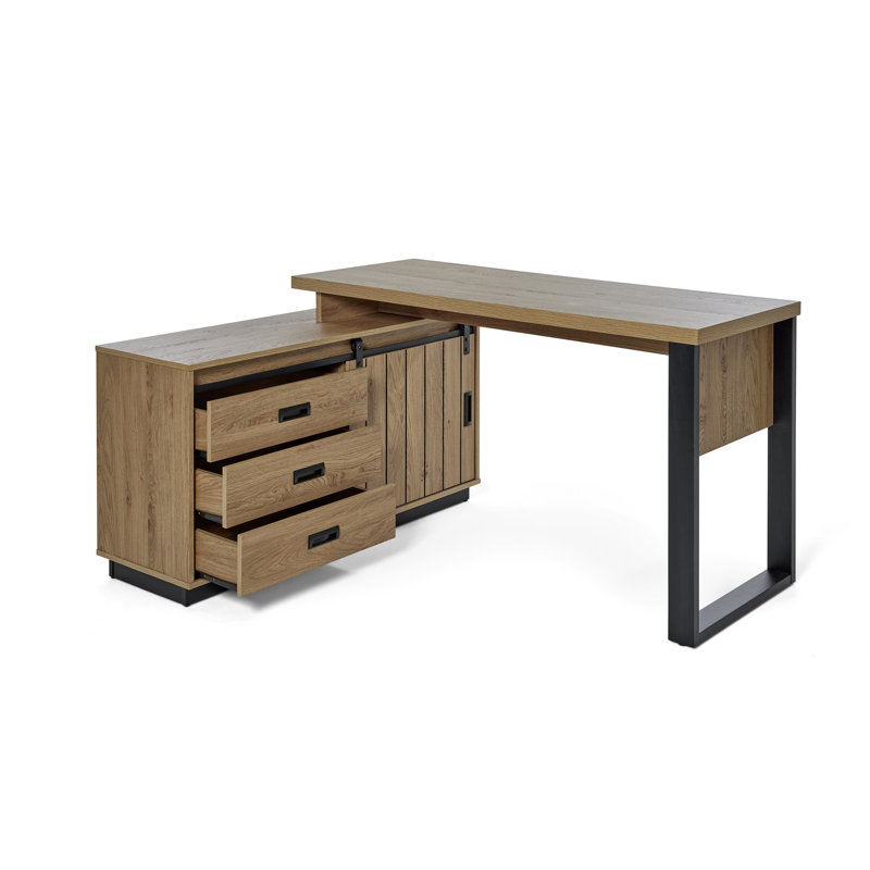 Bureau en L Slide avec armoire 3 tiroirs 1 porte coulissante en métal Slide, Montana Oak
