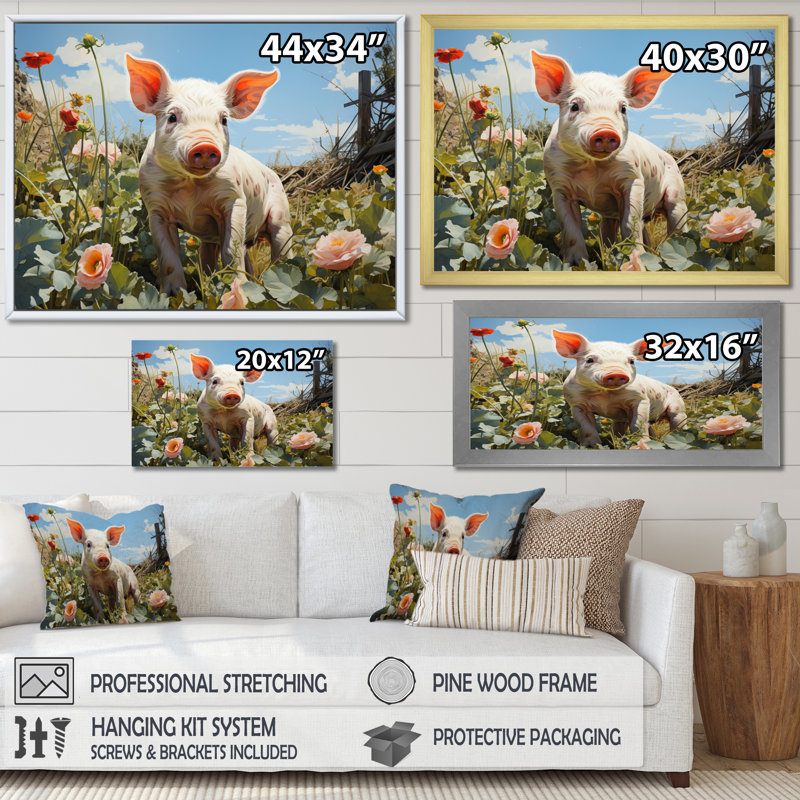 «Cute Pig jouant dans des fleurs I», reproduction d'art sur toile, Cadre flottant doré, H 24 po x l 32 po x P 1 po
