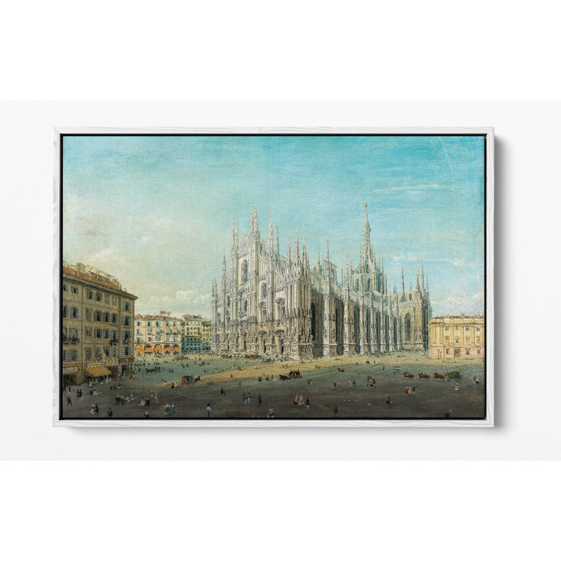 Piazza del Duomo, Milan by Carlo Bossoli Canvas Floater Framed Wall Art | Italian Cityscape Canvas Print – Light Oak Frame