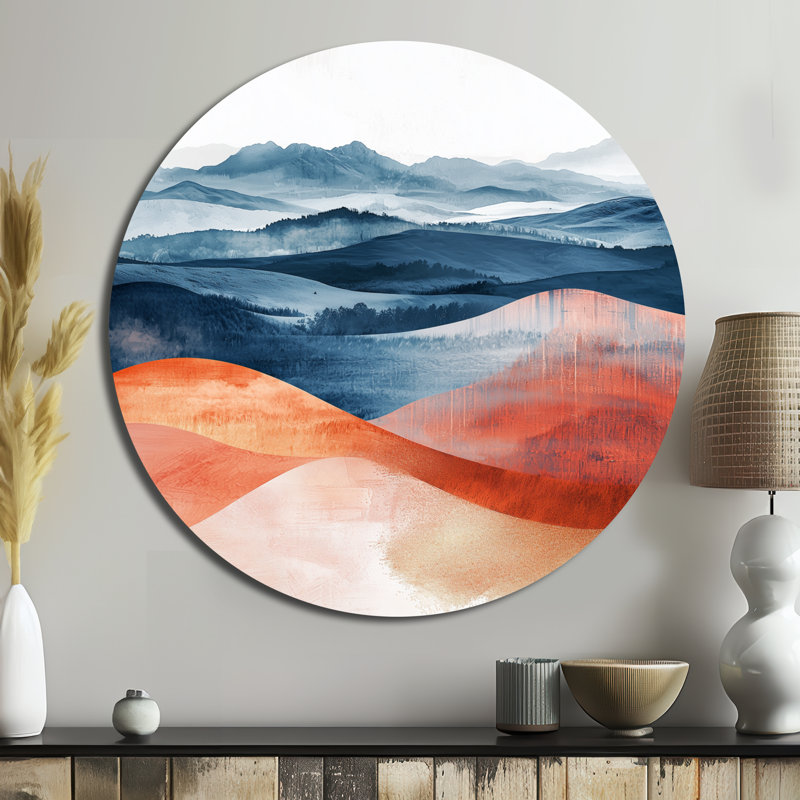 «Pink Blue Bold Landscape Bold Mountains II», art mural rond en métal, H 23 po x l 23 po