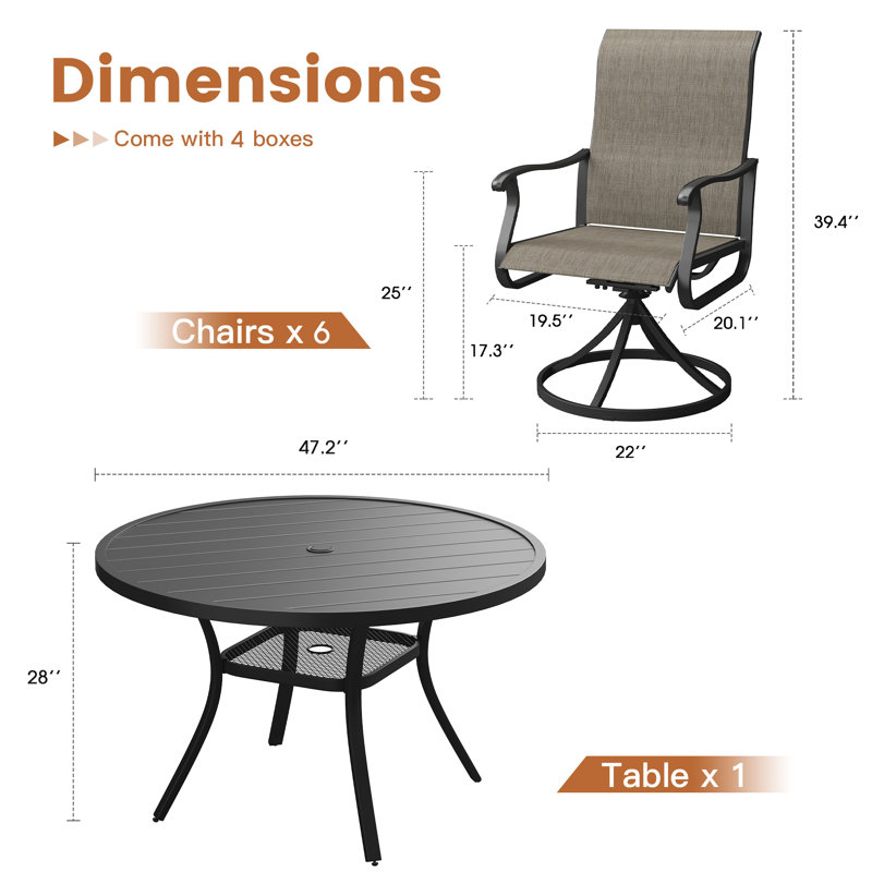 Nectaria Round 6 - Person Outdoor Patio Dining Set with 6 Swivel PVC-coated polyester Chairs, Black/Black
