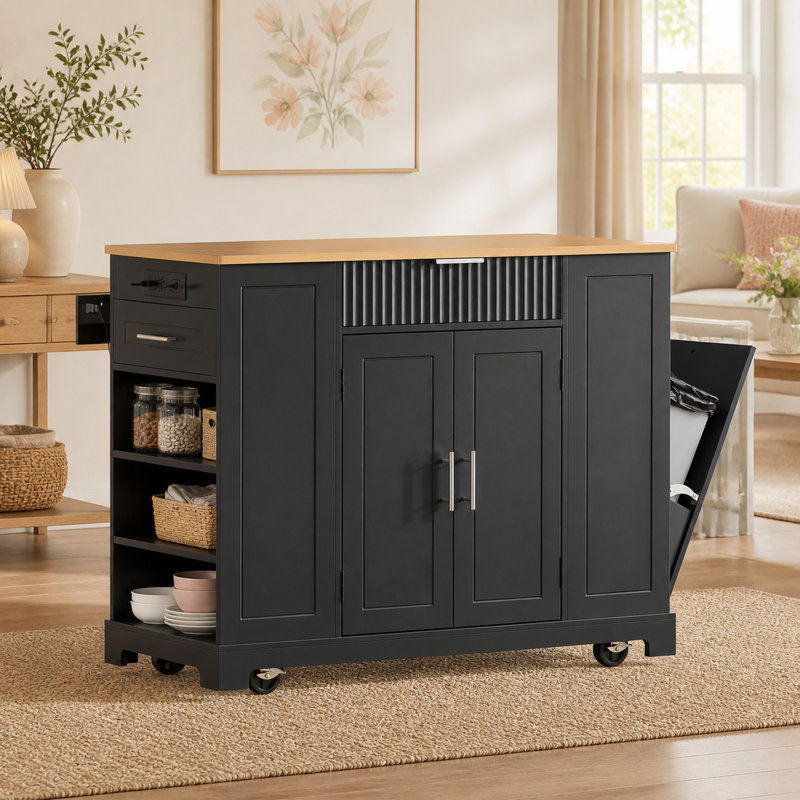 Chariot de cuisine 48,5 "de large cannelé avec armoire à poubelle et prise de courant, noir, Black