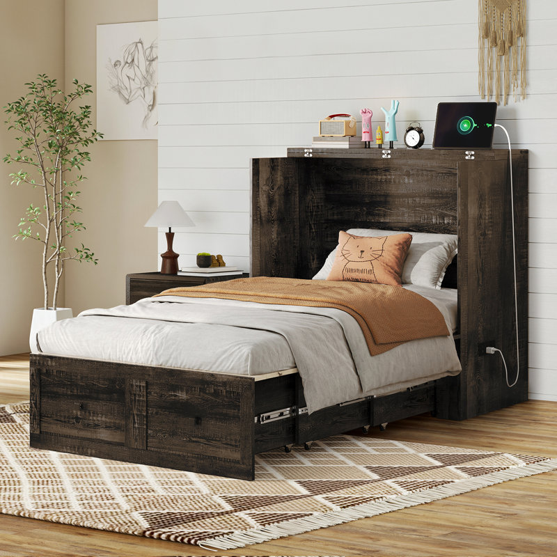 Wilkinson Farmhouse Twin Murphy Bed With Large Storage Drawer & Charging Station, Dark Oak, Dark Oak