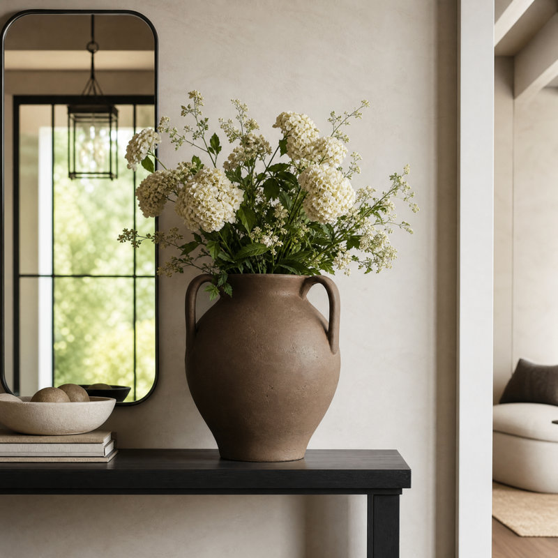 Vase rond rustique en terre cuite brun vieilli de 36,6 cm de hauteur avec trois anses