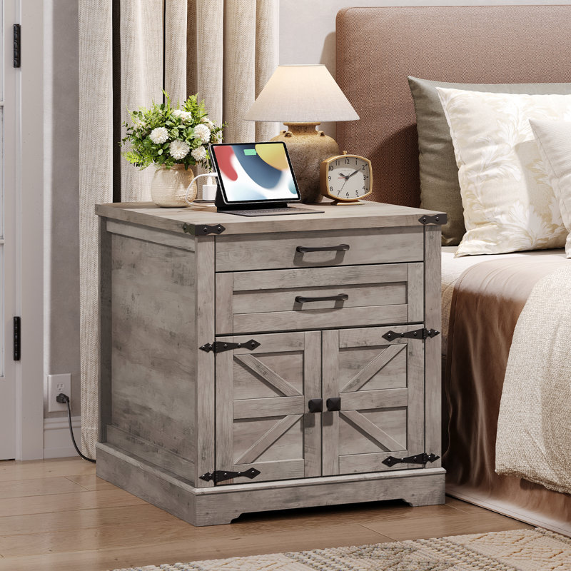 Brisson 23.6"W Farmhouse End Table with Charging Station, Sofa Side Table with 2 Drawers and Barn Door, Large Rustic Wooden Square Nightstand