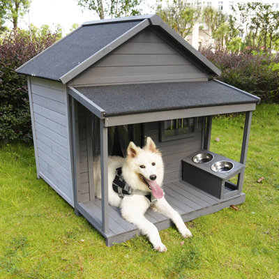 Niche pour chien avec toit en bois massif et grande terrasse