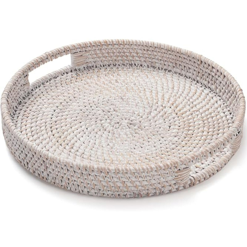 Plateau rond en rotin pour comptoir, table basse, blanc délavé 11,8 po YANGQIHome