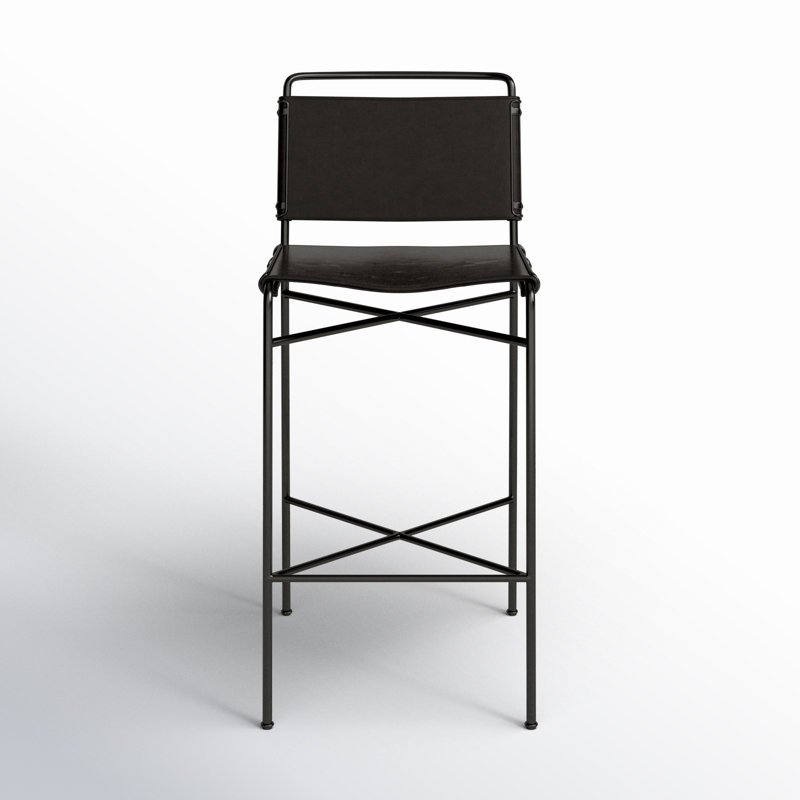 Wharton Bar Stool with Metal Frame, Black, Vegan Leather-Black, Counter Stool (26” Seat Height)