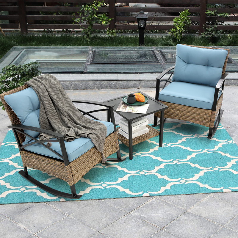 Chaise berçante pour l'extérieur - housses de coussin bleues, instructions d'assemblage faciles, robustes et confortables, se déplacent facilement, avec une table à assise profonde