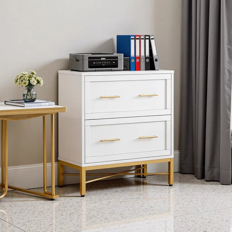 2-Drawer Office File Cabinet with Gold Accents, Sleek White & Gold Lateral Filing Cabinet for Home Office, Legal/Letter/A4 File Storage with Anti-Tip Design