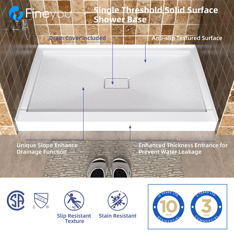 48" W x 32" D Solid Surface Single Threshold Shower Pan Base with Drain Cover Included, Textured Surface Slip-Resistant Shower Base Pan, White, Center Drain