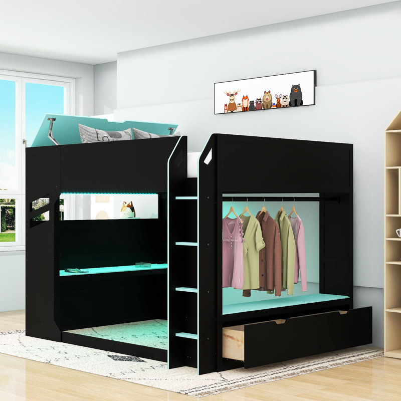 Full Size Loft Bed With Charging Station, Height-Adjustable Desk, RGB Light Strip And Drawers, Blue