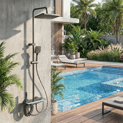 Gunmetal Gray Rainfall Shower System with Digital Temp Display & 4-way Piano-Key Switch