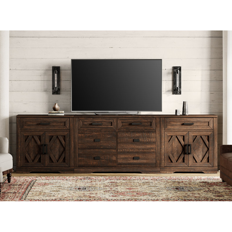 Glenford 110.2"W Large Modern Farmhouse Accent Cabinet With Barn Doors & Drawers, Scratch-Resistant Tree Bark , Walnut