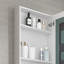Armoire de rangement de salle de bain l 20 po x H 30 po, rebord biseauté à miroir, rangement à profusion, miroir haut, charnières, rebords à pharmacie en bois d'ingénierie blanc 20 po x 30 po, porte ouverte à droite, articles de bain abondants