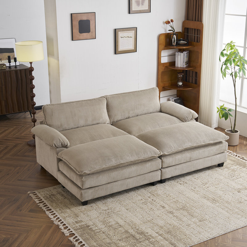 Shugar 90" W Corduroy Modular Sofa with Two Ottomans, Kakhi