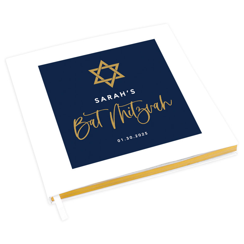 Livre d'invités sur mesure Bar / Bat Mitzvah avec accents dorés, script moderne pour filles ou garçons, paq. 1