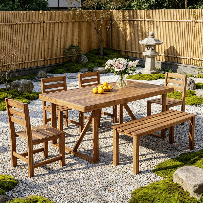 Ensemble repas pour 6 personnes en bois d'acacia avec table rectangulaire, Naturel