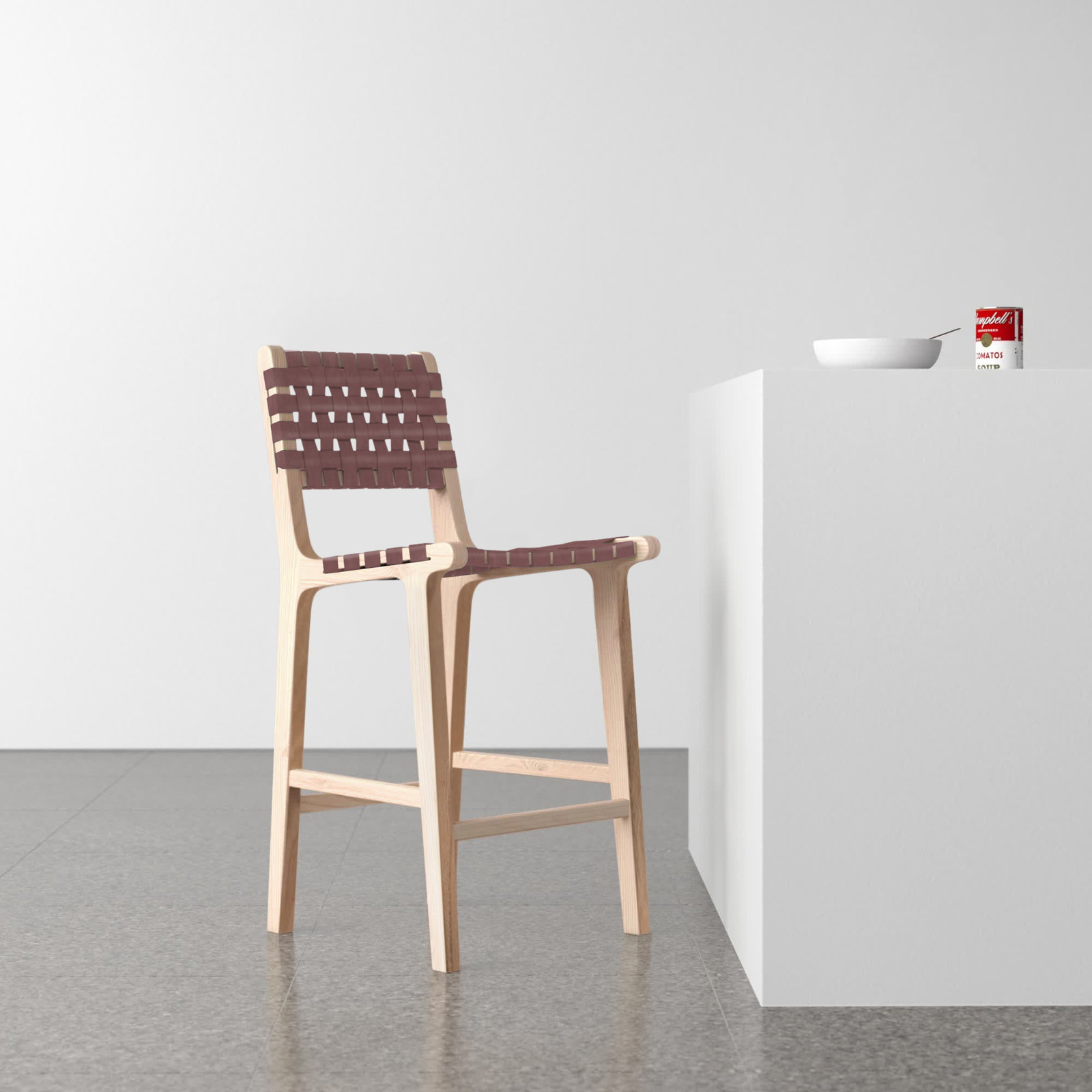 Alston Leather Stool, Cognac Leather/Natural Frame, Bar Stool (29.70" Seat Height)