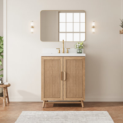Light Coffee Solid Wood Freestanding Single Sink Vanity with White Engineered Top