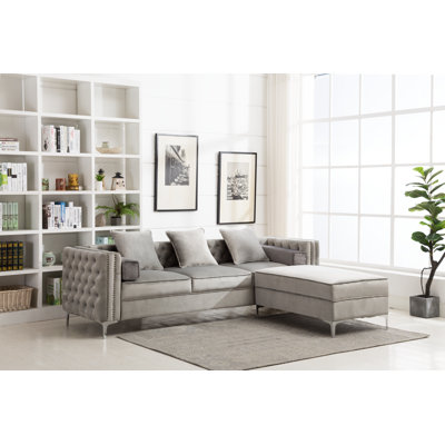 Zaida 104" Wide Velvet Reversible Modular Sofa & Chaise with Ottoman