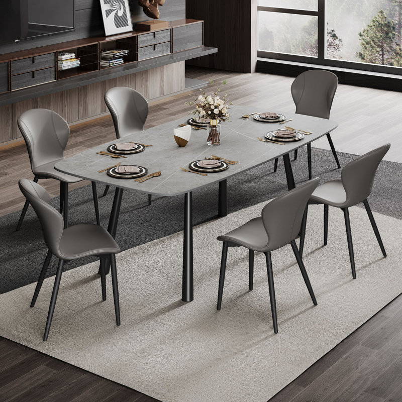 7-Piece Sintered Stone Dining Table Set With 6 PU Leather Chairs, Gray