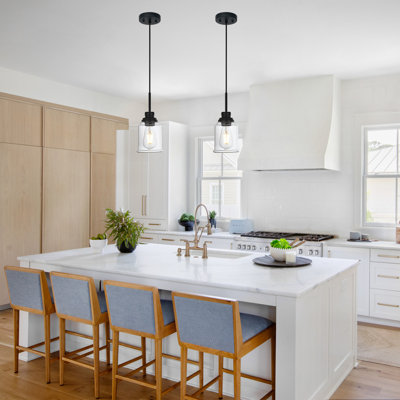 Luminaires suspendus suspendus à 1 lumière, îlots de cuisine réglables noirs pour îlot de cuisine, luminaires campagnards modernes pour salle à manger, abat-jour en verre transparent, base E26, 2 paquets