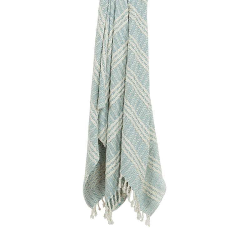 Jeté en coton rayé bleu clair et ivoire 50 po x 60 po avec franges